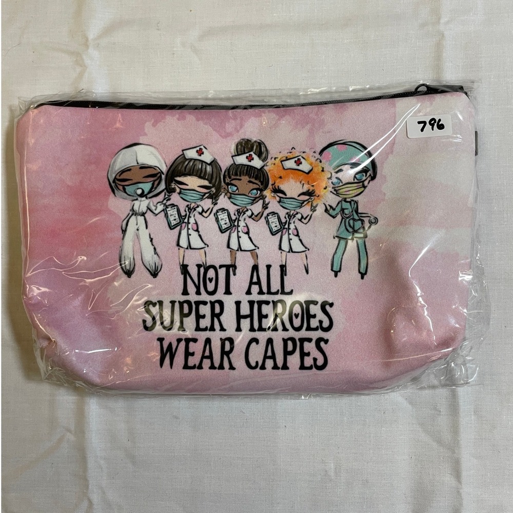 The Pouch Cosmetic Bag Women OS Pink NWT Nurse Superheroes Graphic Art Pouch